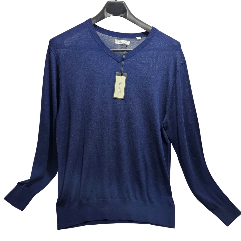 Williams & Kent Mens Navy‎ Blue 100% Merino Wool V-Neck Sweater XL BBF22S352 NWT